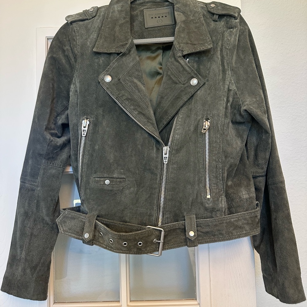 BLANK NYC olive suede biker jacket.